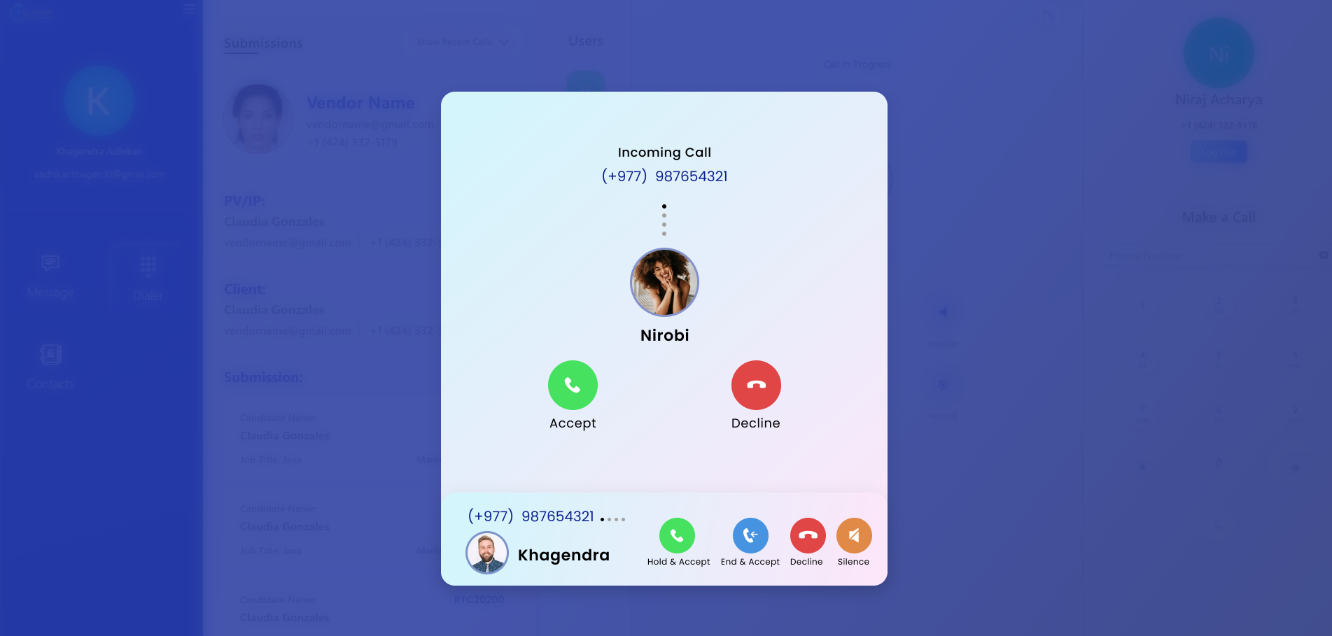 CallCentral incoming-call screen with accept, decline, hold and silence actions