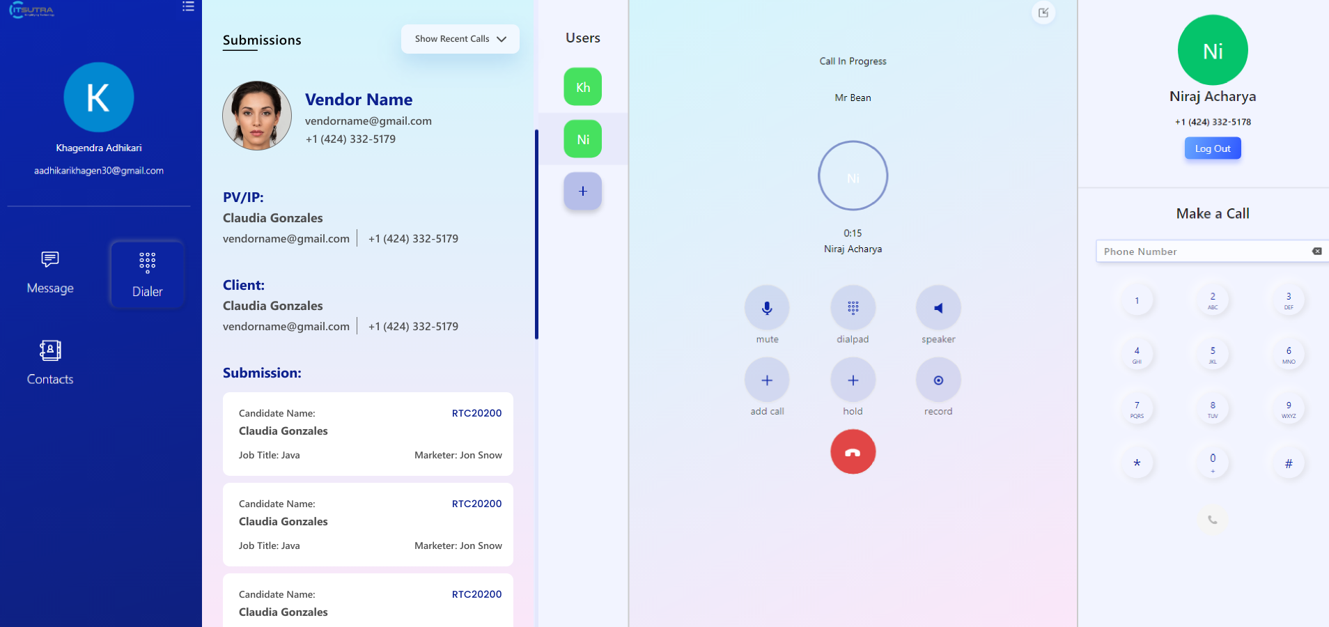 CallCentral console: submissions, users, an in-progress call and dialpad in one view