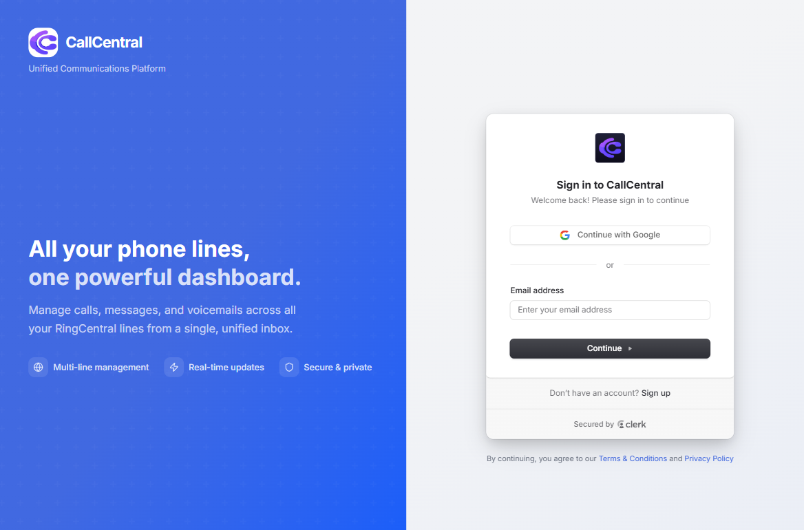 CallCentral - unified RingCentral landing screen