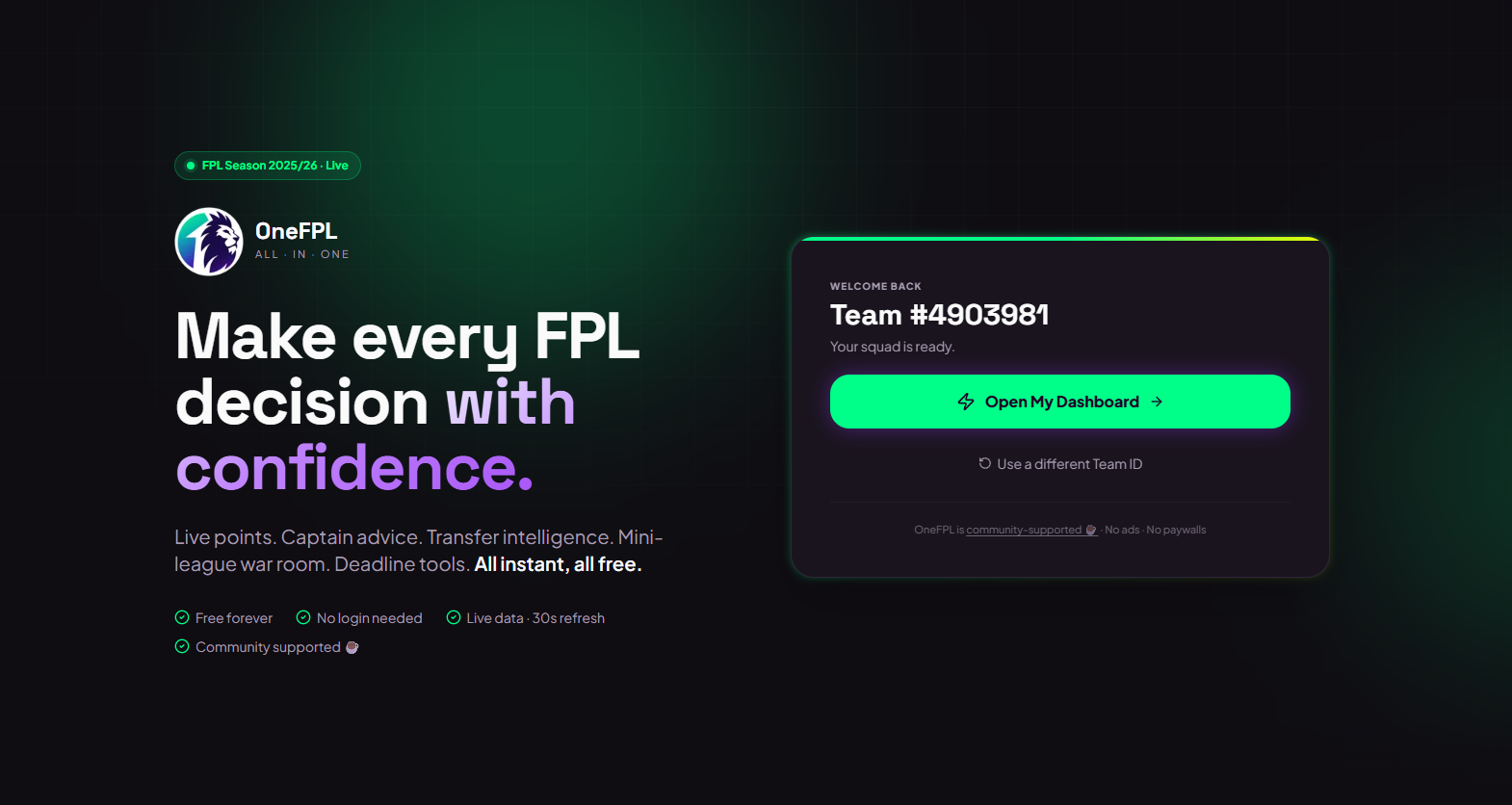 OneFPL - Fantasy Premier League landing screen