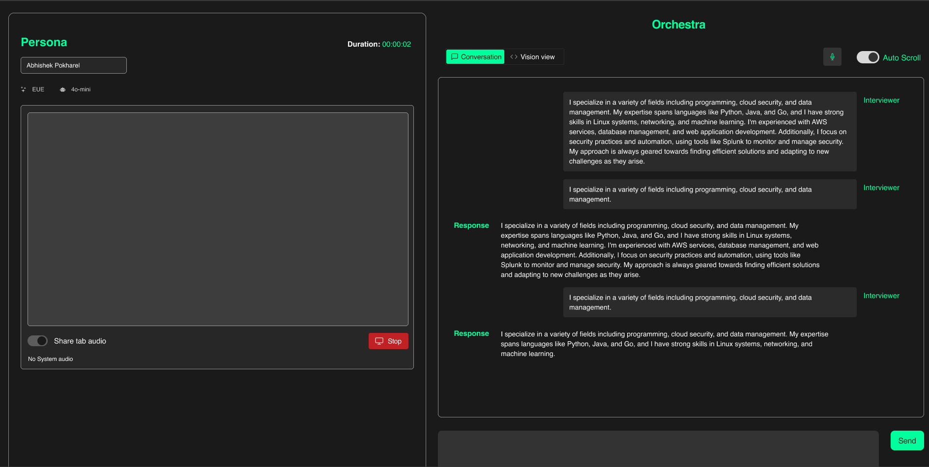 Orchestra live view: conversation transcript on the right with grounded Response cards, Vision View toggle