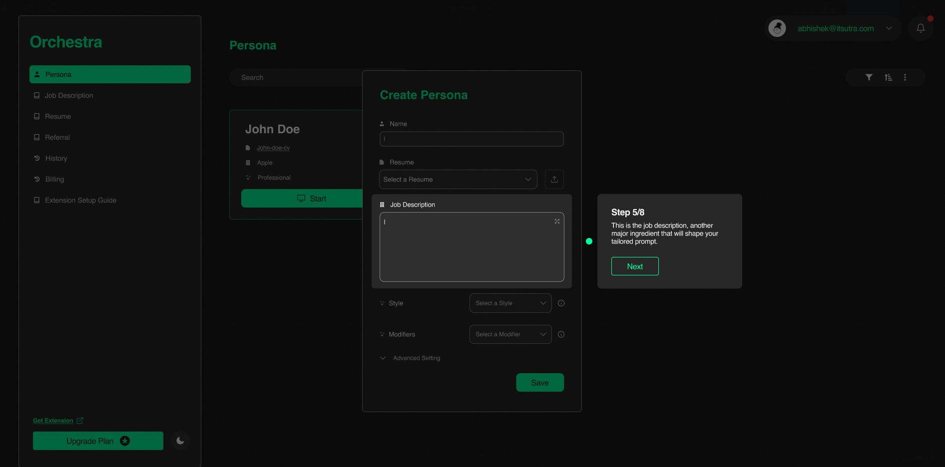 Orchestra persona creation: a guided, stepped flow to tune the assistant to a candidate's role