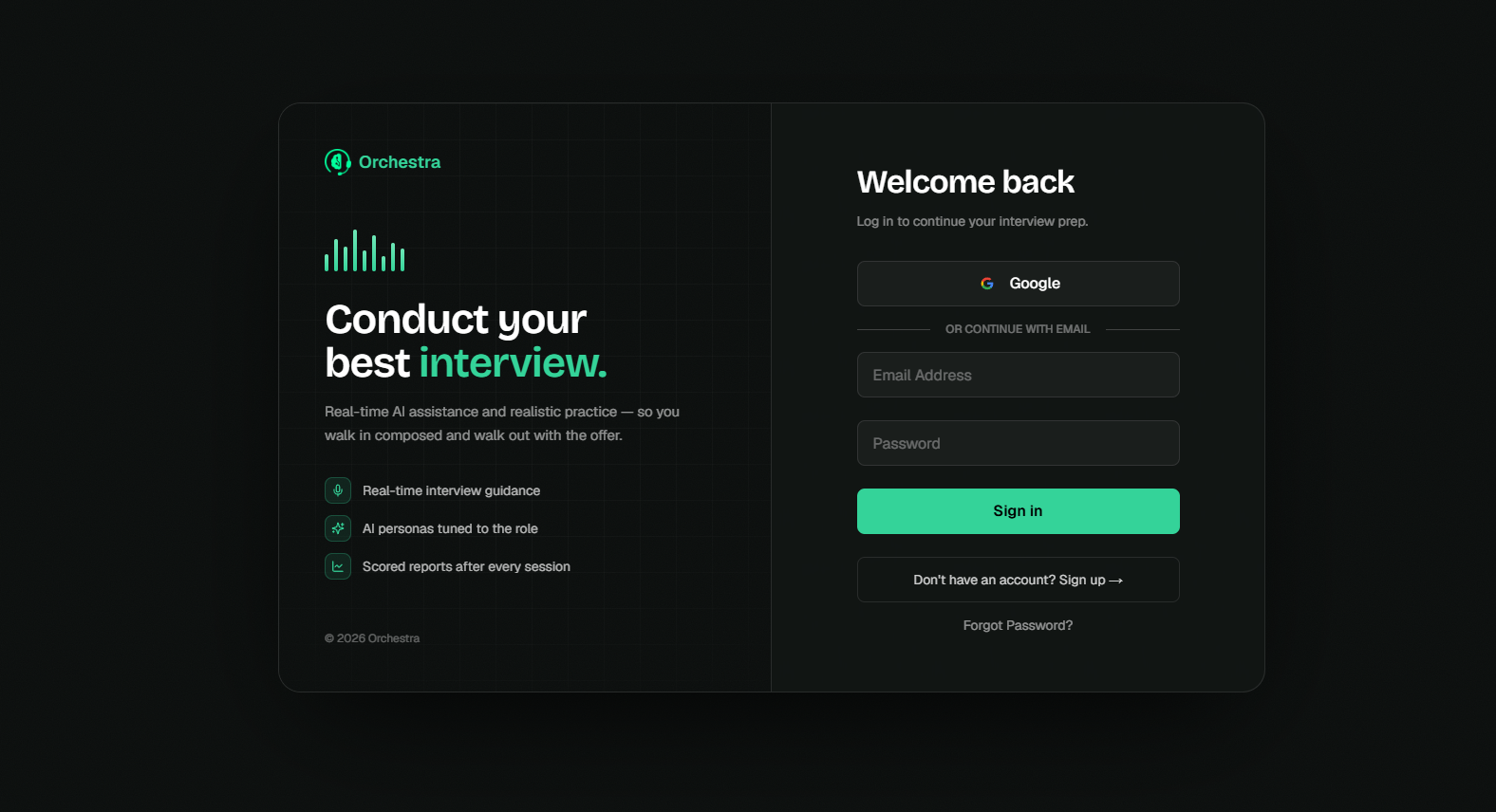 Orchestra - interview-prep login screen