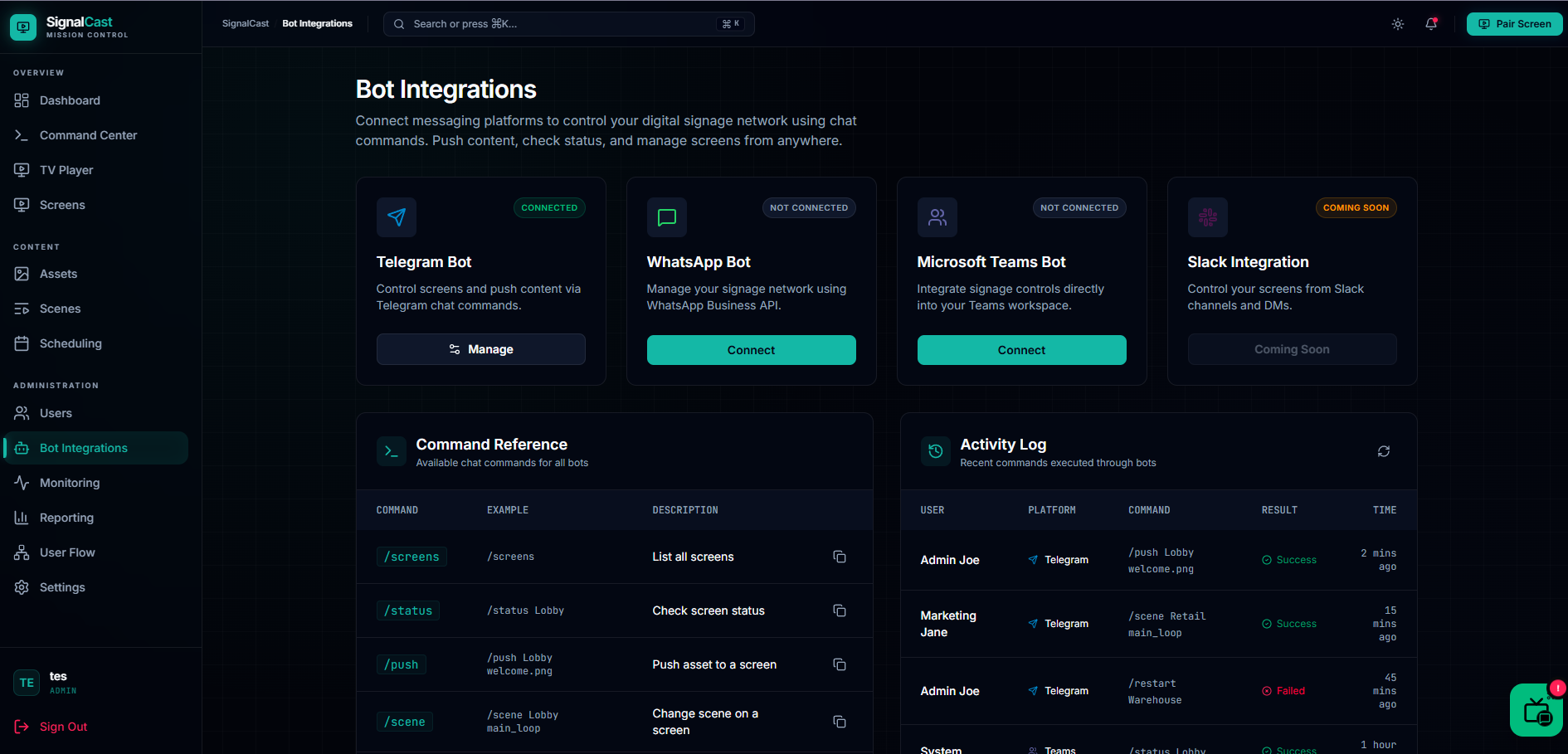 SignalCast Bot Integrations: Telegram, WhatsApp and Teams with a chat command reference and activity log