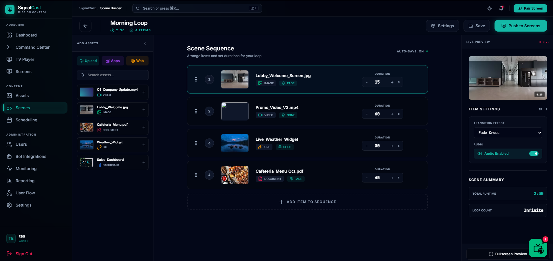 SignalCast Scene Builder: drag-ordered content sequence with durations, transitions and live preview