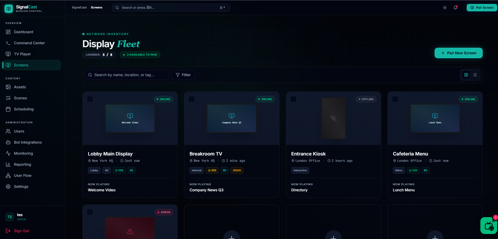 SignalCast Display Fleet: every paired screen with status, location and what's now playing