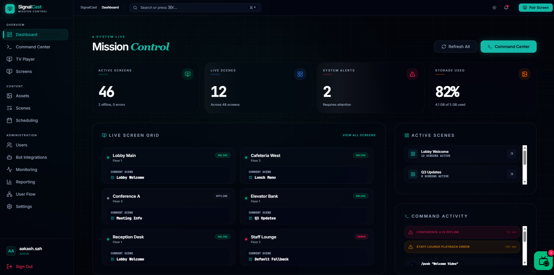 SignalCast - Mission Control dashboard with live screen grid